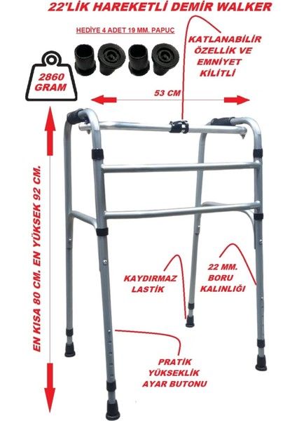 Katlanabilir Demir Yürüteç - Hafif, 19 mm Profil, Yerli Üretim, 2800 g Ağırlık, Ayarlanabilir Yükseklik, Ergonomik Tasarım ile Konforlu Kullanım fırsatları