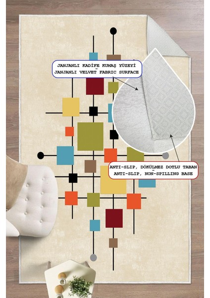 Dijital Baskılı Geometrik Desenli Dekoratif Kaymaz Taban Yıkanabilir Salon Halısı Yolluk