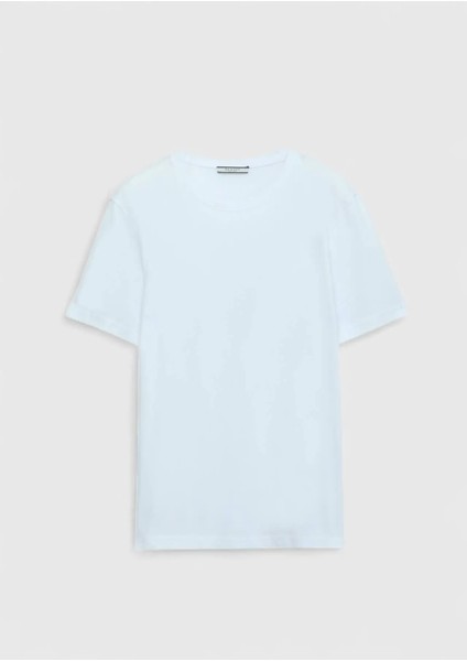 Beyaz Düz Bisiklet Yaka %100 Pamuk T-Shirt