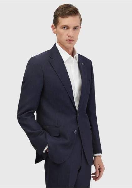 Indigo Çizgili Zeroweight Slim Fit Yün Karışımlı Takım Elbise