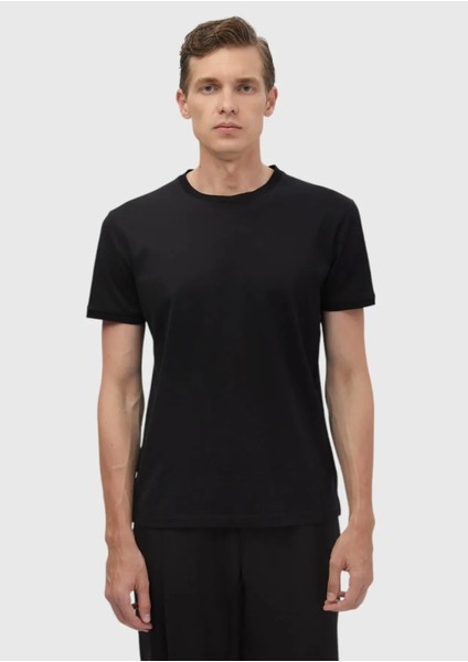 Siyah Düz Bisiklet Yaka %100 Pamuk T-Shirt