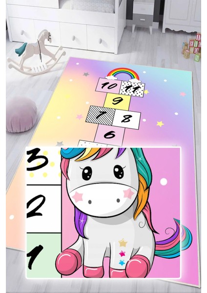 Dijital Baskılı Dekoratif Kaymaz Taban Yıkanabilir Unicorn Temalı Seksek Çocuk Halısı modelleri