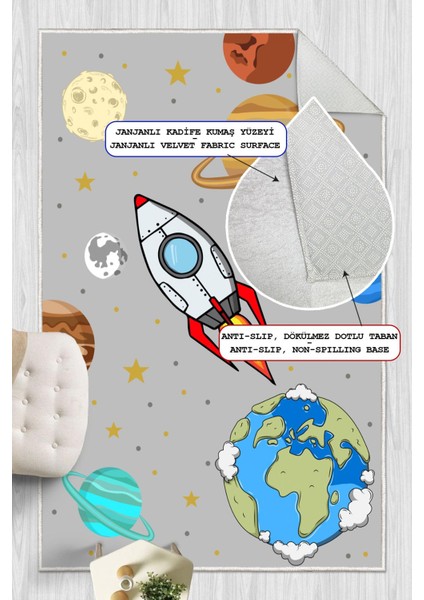 Dijital Baskılı Dekoratif Kaymaz Taban Yıkanabilir Gezegenler Temalı Modern Çocuk Halısı