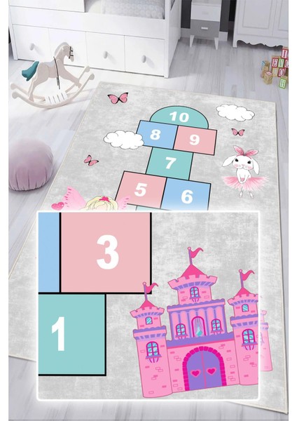 Dijital Baskılı Dekoratif Kaymaz Taban Yıkanabilir Kız Çocuk Seksek Temalı Modern Çocuk Halısı fırsatları