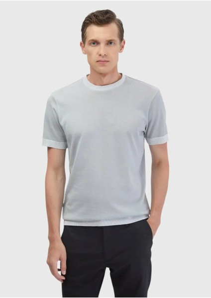 Açık Gri Düz Bisiklet Yaka %100 Pamuk T-Shirt