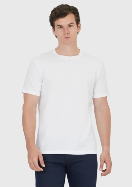 Beyaz Düz Bisiklet Yaka %100 Pamuk T-Shirt