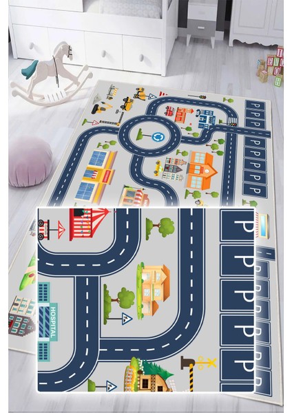 Dijital Baskılı Dekoratif Kaymaz Taban Yıkanabilir Trafik Parkı Temalı Çocuk Halısı fırsatları