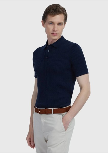 Lacivert Polo Yaka Jakarlı Pamuk Karışımlı Triko modelleri