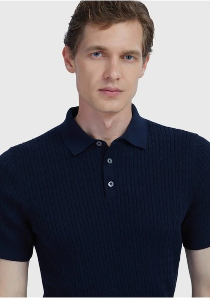 Lacivert Polo Yaka Jakarlı Pamuk Karışımlı Triko fırsatları