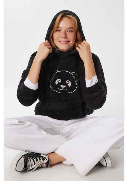 Kapüşonlu Nakış Işlemeli Peluş Sweatshirt LZV0024 Siyah