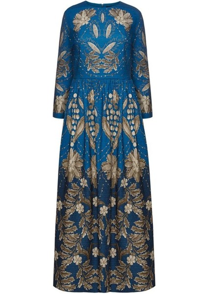 Mavi Çiçek Desenli Jakarlı Elbise 36 Beden