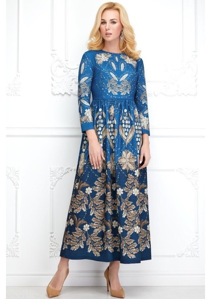 Mavi Çiçek Desenli Jakarlı Elbise 36 Beden fiyatları