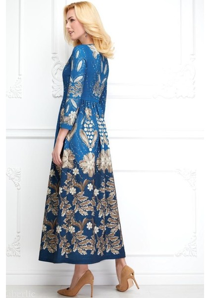 Mavi Çiçek Desenli Jakarlı Elbise 36 Beden modelleri