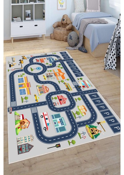Dijital Baskılı Dekoratif Kaymaz Taban Yıkanabilir Trafik Parkı Temalı Çocuk Halısı