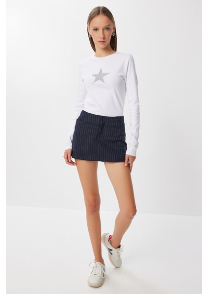 Yıldız Baskılı Taş Detaylı Crop Örme Bluz LUB0229 Beyaz modelleri