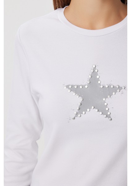 Yıldız Baskılı Taş Detaylı Crop Örme Bluz LUB0229 Beyaz fırsatları