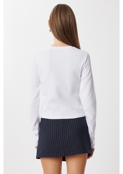 Yıldız Baskılı Taş Detaylı Crop Örme Bluz LUB0229 Beyaz indirimleri