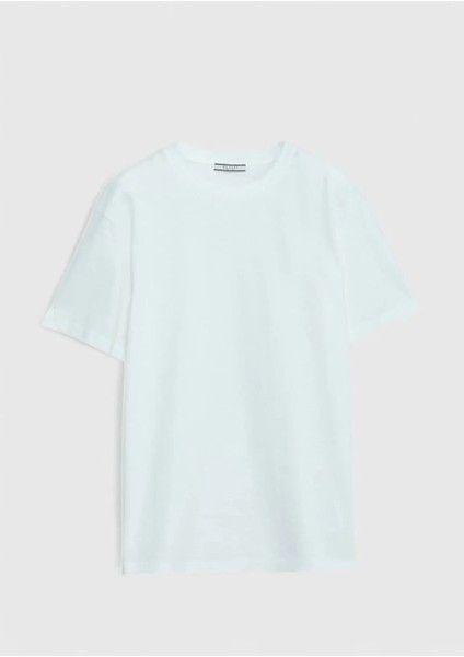 Ekru Düz Bisiklet Yaka %100 Pamuk T-Shirt