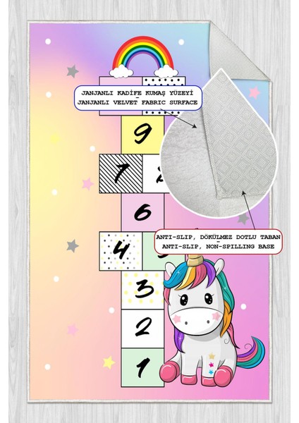 Dijital Baskılı Dekoratif Kaymaz Taban Yıkanabilir Unicorn Temalı Seksek Çocuk Halısı