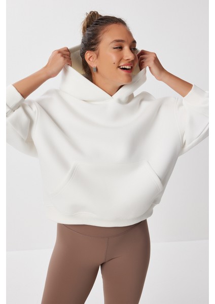 Oversize Kapüşonlu Şardonlu Örme Sweatshirt LMC0073 Ekru