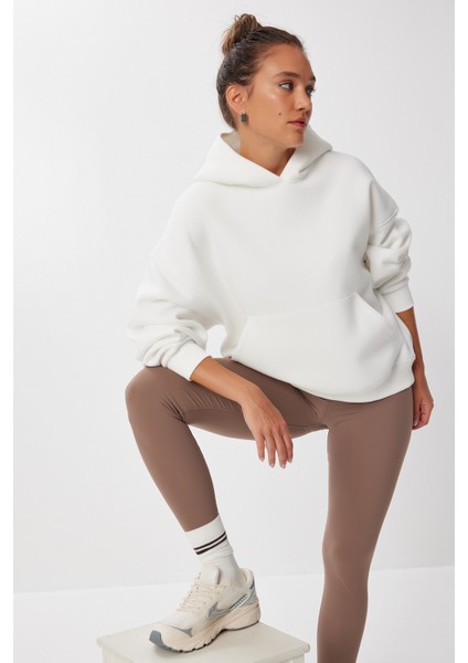 Oversize Kapüşonlu Şardonlu Örme Sweatshirt LMC0073 Ekru modelleri
