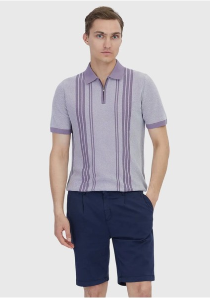 Lila Polo Yaka Çizgili Pamuk Karışımlı Triko