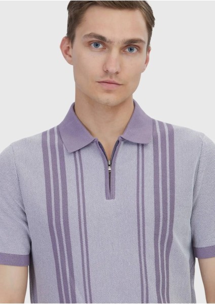 Lila Polo Yaka Çizgili Pamuk Karışımlı Triko modelleri