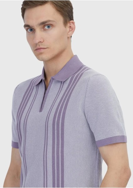Lila Polo Yaka Çizgili Pamuk Karışımlı Triko fırsatları
