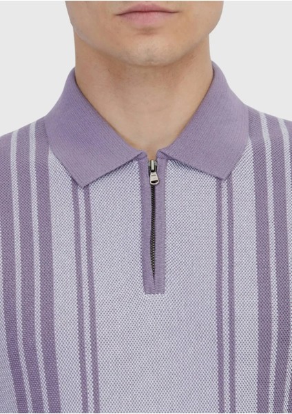 Lila Polo Yaka Çizgili Pamuk Karışımlı Triko indirimleri