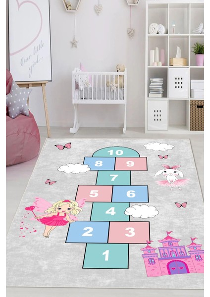 Dijital Baskılı Dekoratif Kaymaz Taban Yıkanabilir Kız Çocuk Seksek Temalı Modern Çocuk Halısı
