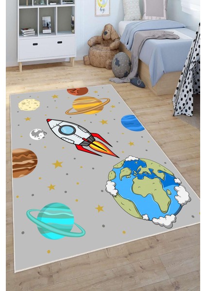 Dijital Baskılı Dekoratif Kaymaz Taban Yıkanabilir Gezegenler Temalı Modern Çocuk Halısı modelleri