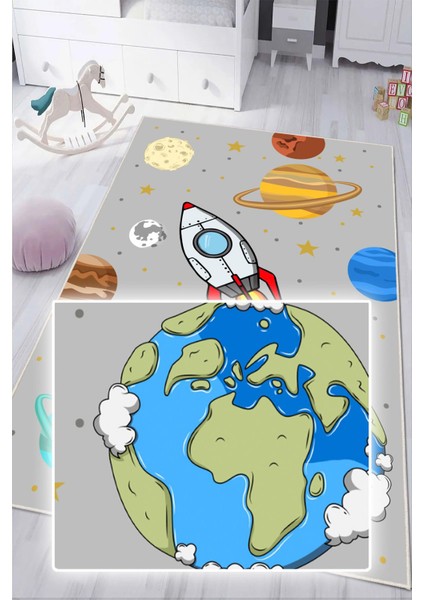 Dijital Baskılı Dekoratif Kaymaz Taban Yıkanabilir Gezegenler Temalı Modern Çocuk Halısı fırsatları