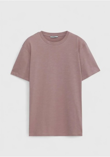 Gül Kurusu Düz Bisiklet Yaka %100 Pamuk T-Shirt