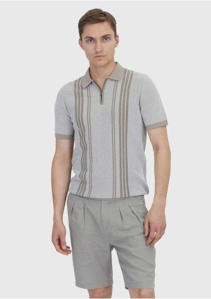 Bej Polo Yaka Çizgili Pamuk Karışımlı Triko