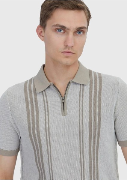 Bej Polo Yaka Çizgili Pamuk Karışımlı Triko modelleri