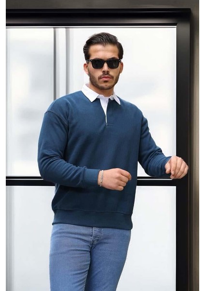 Polo Yaka Selanik Örme Kumaş Erkek Sweatshirt - Indigo indirimleri