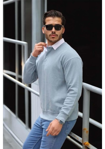 Luis Polo Yaka Selanik Örme Kumaş Erkek Sweatshirt - Soğuk Mavi fiyatları