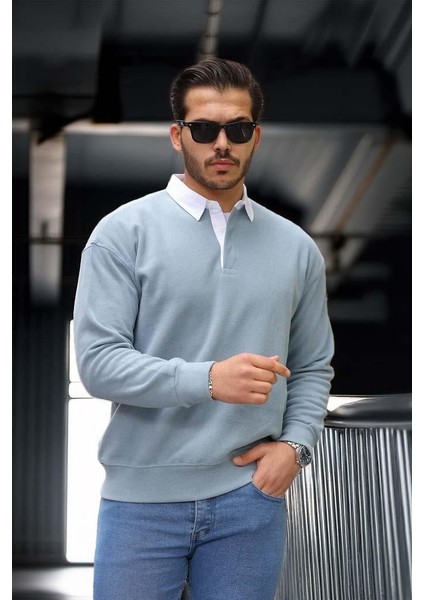 Luis Polo Yaka Selanik Örme Kumaş Erkek Sweatshirt - Soğuk Mavi modelleri