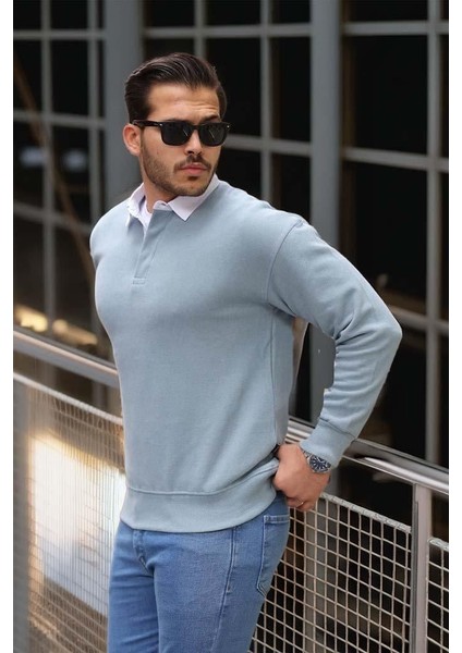 Luis Polo Yaka Selanik Örme Kumaş Erkek Sweatshirt - Soğuk Mavi fırsatları