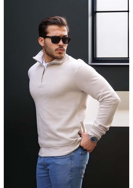 Lars Selanik Örme Kumaş Yarım Fermuar Erkek Sweatshirt - Taş fiyatları