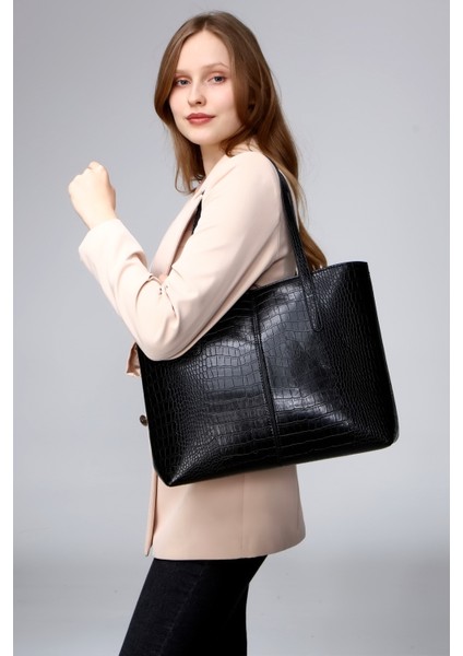 Siyah Kadın Kroko Desen Büyük Boy El ve Omuz Çantası fiyatları
