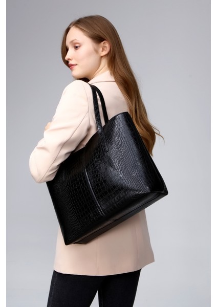 Siyah Kadın Kroko Desen Büyük Boy El ve Omuz Çantası modelleri