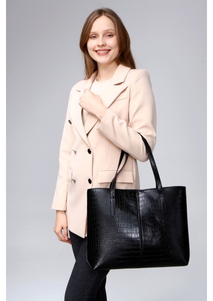 Siyah Kadın Kroko Desen Büyük Boy El ve Omuz Çantası fırsatları