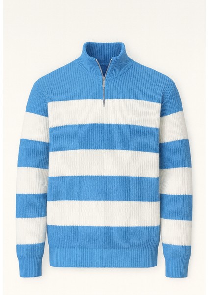 Pedro Oversize Çizgili Selanik Örgülü Yarım Fermuar Triko Erkek Kazak - Mavi