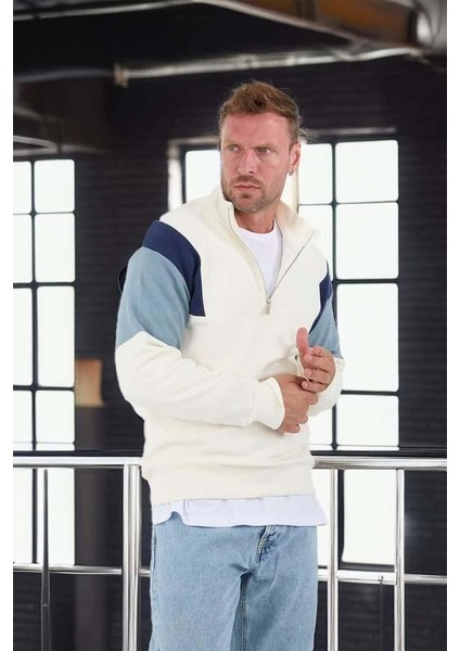 Oversize Erkek Kolları Garnili Selanik Örme Erkek Sweatshirt - Ekru modelleri