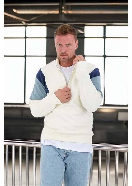Oversize Erkek Kolları Garnili Selanik Örme Erkek Sweatshirt - Ekru fırsatları