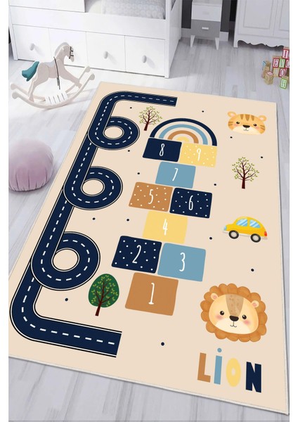 Dijital Baskılı Dekoratif Kaymaz Taban Yıkanabilir Seksek ve Yol Temalı Çocuk Halısı