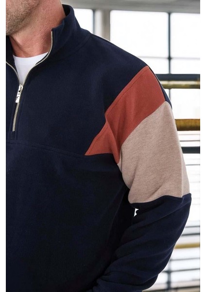 Oversize Erkek Kolları Garnili Selanik Örme Erkek Sweatshirt - Lacivert fiyatları