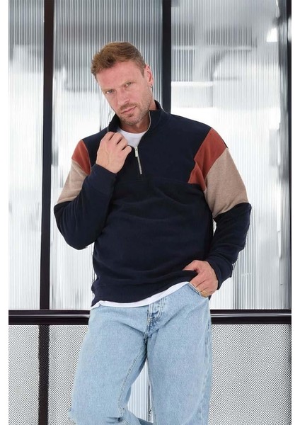 Oversize Erkek Kolları Garnili Selanik Örme Erkek Sweatshirt - Lacivert modelleri