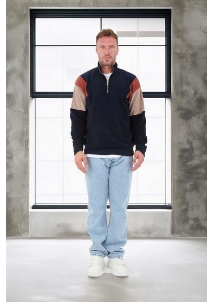 Oversize Erkek Kolları Garnili Selanik Örme Erkek Sweatshirt - Lacivert fırsatları